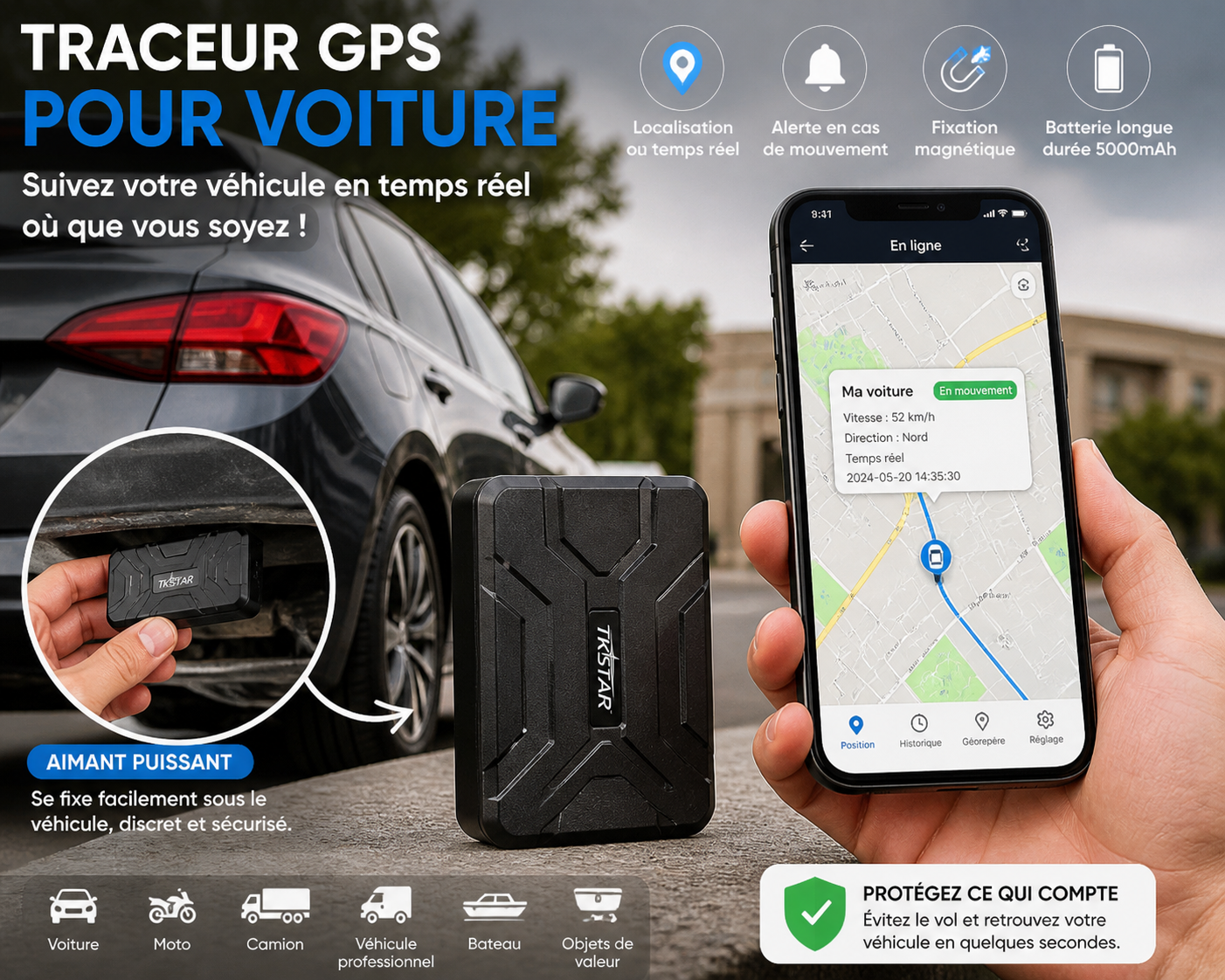 Traceur GPS 4G discret – Suivi en temps réel pour voiture, scooter et moto