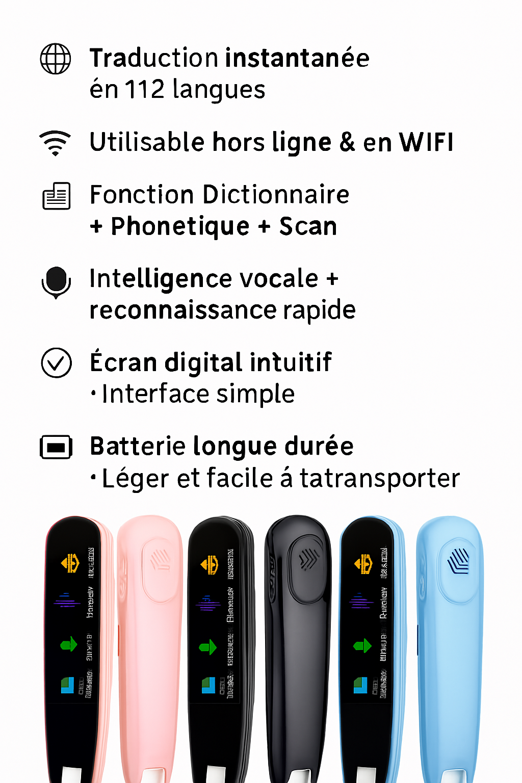 112 Parle-Stylo Traducteur Intelligent Instantané – 112 Langues, Traduction Hors Ligne, WIFI, Scanner et Marqueur Vocal Haute Qualité