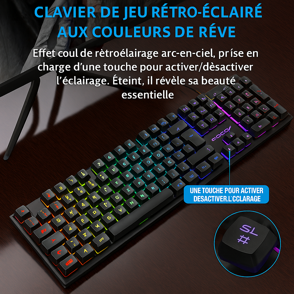 Clavier portable 104 touches rétro-éclairé pour souris de jeu