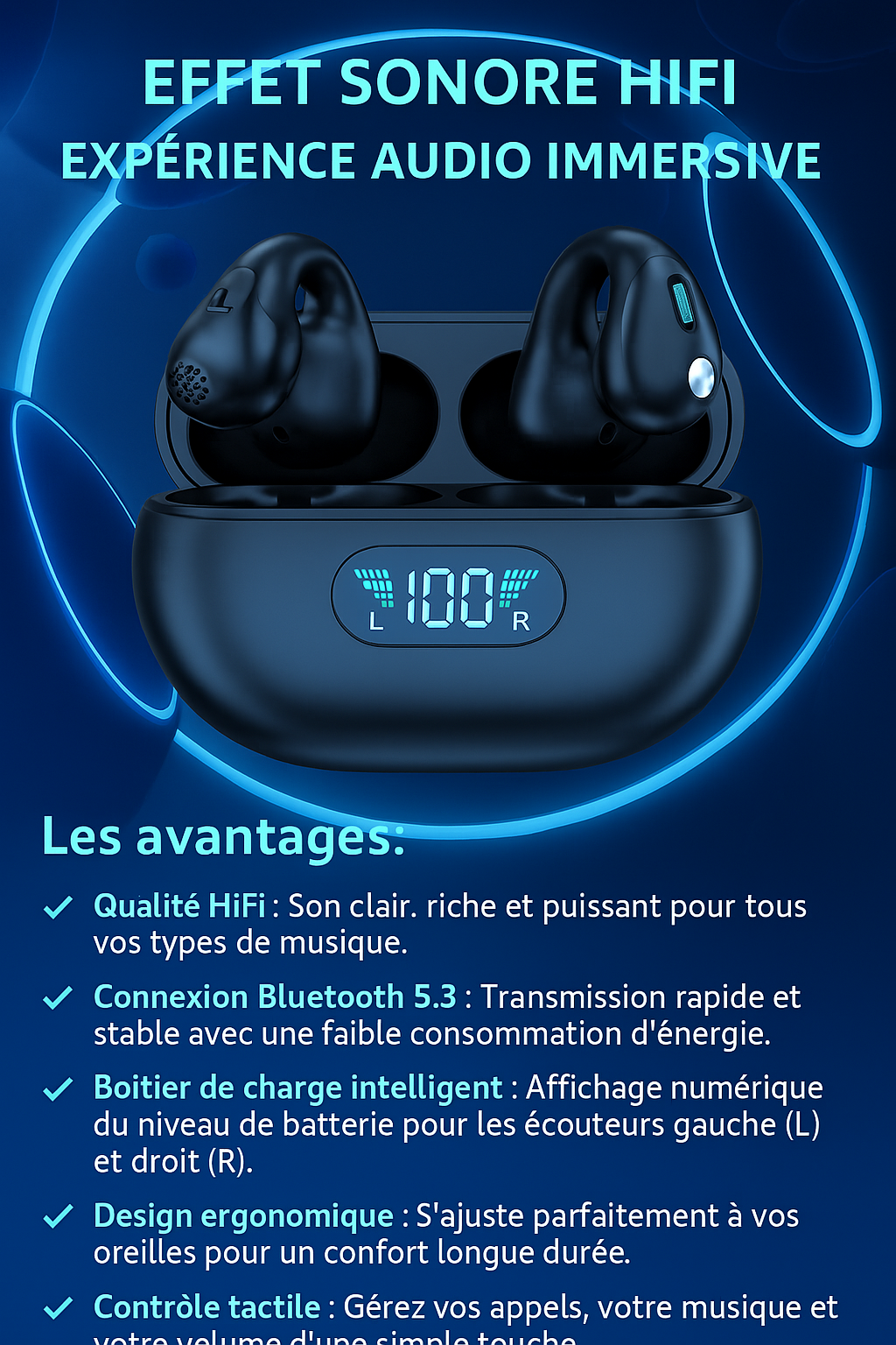 VibraSport X5- Casque Sport à Conduction Osseuse | Écouteurs Sans Fil Bluetooth 5.3 TWS | Clip d’Oreille Tactile | Basses HIFI & Confort Intra-Auriculaire