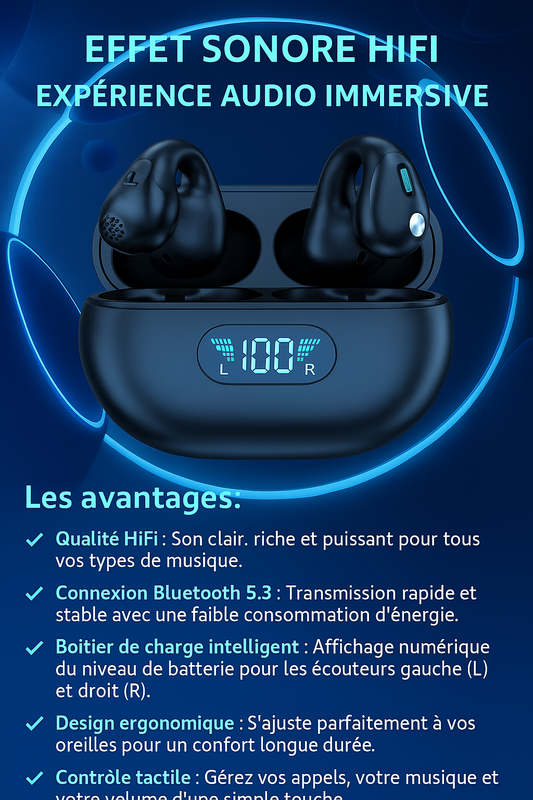 VibraSport X5- Casque Sport à Conduction Osseuse | Écouteurs Sans Fil Bluetooth 5.3 TWS | Clip d’Oreille Tactile | Basses HIFI & Confort Intra-Auriculaire