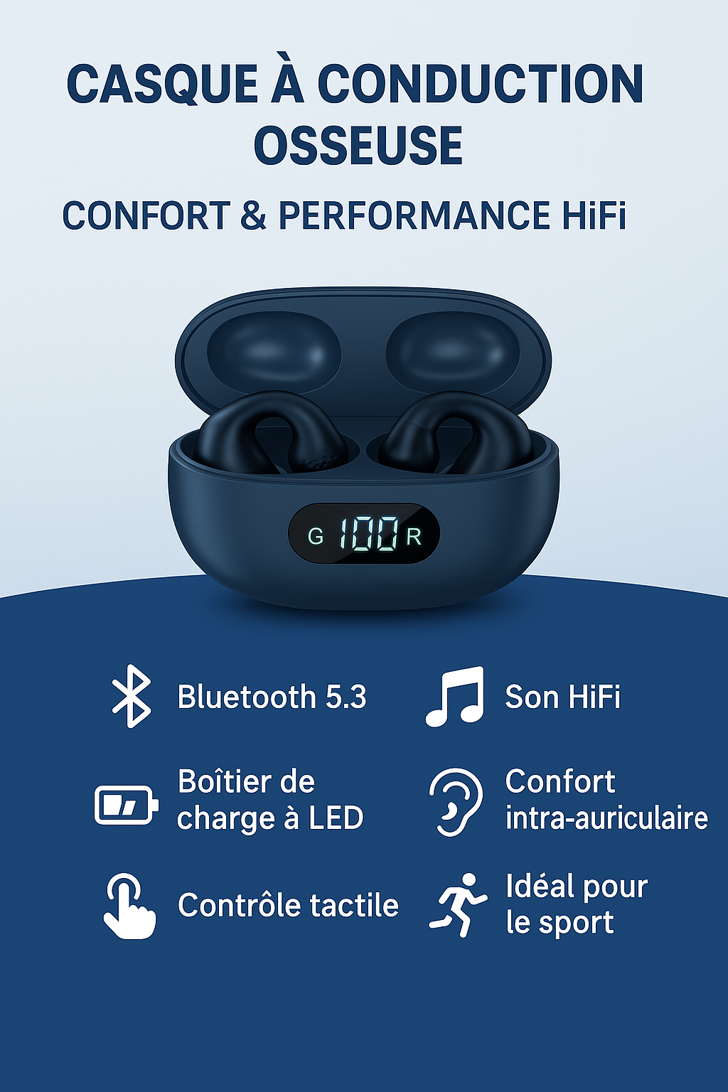 VibraSport X5- Casque Sport à Conduction Osseuse | Écouteurs Sans Fil Bluetooth 5.3 TWS | Clip d’Oreille Tactile | Basses HIFI & Confort Intra-Auriculaire