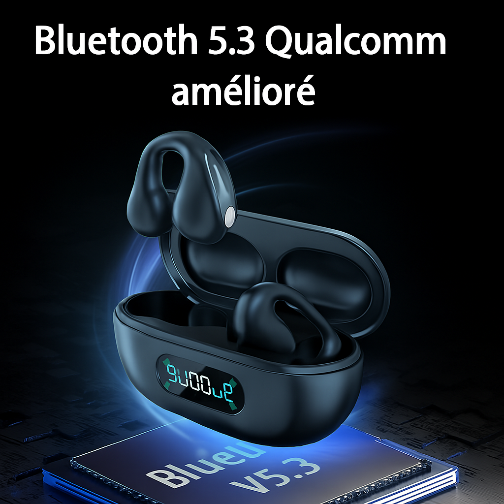 VibraSport X5- Casque Sport à Conduction Osseuse | Écouteurs Sans Fil Bluetooth 5.3 TWS | Clip d’Oreille Tactile | Basses HIFI & Confort Intra-Auriculaire
