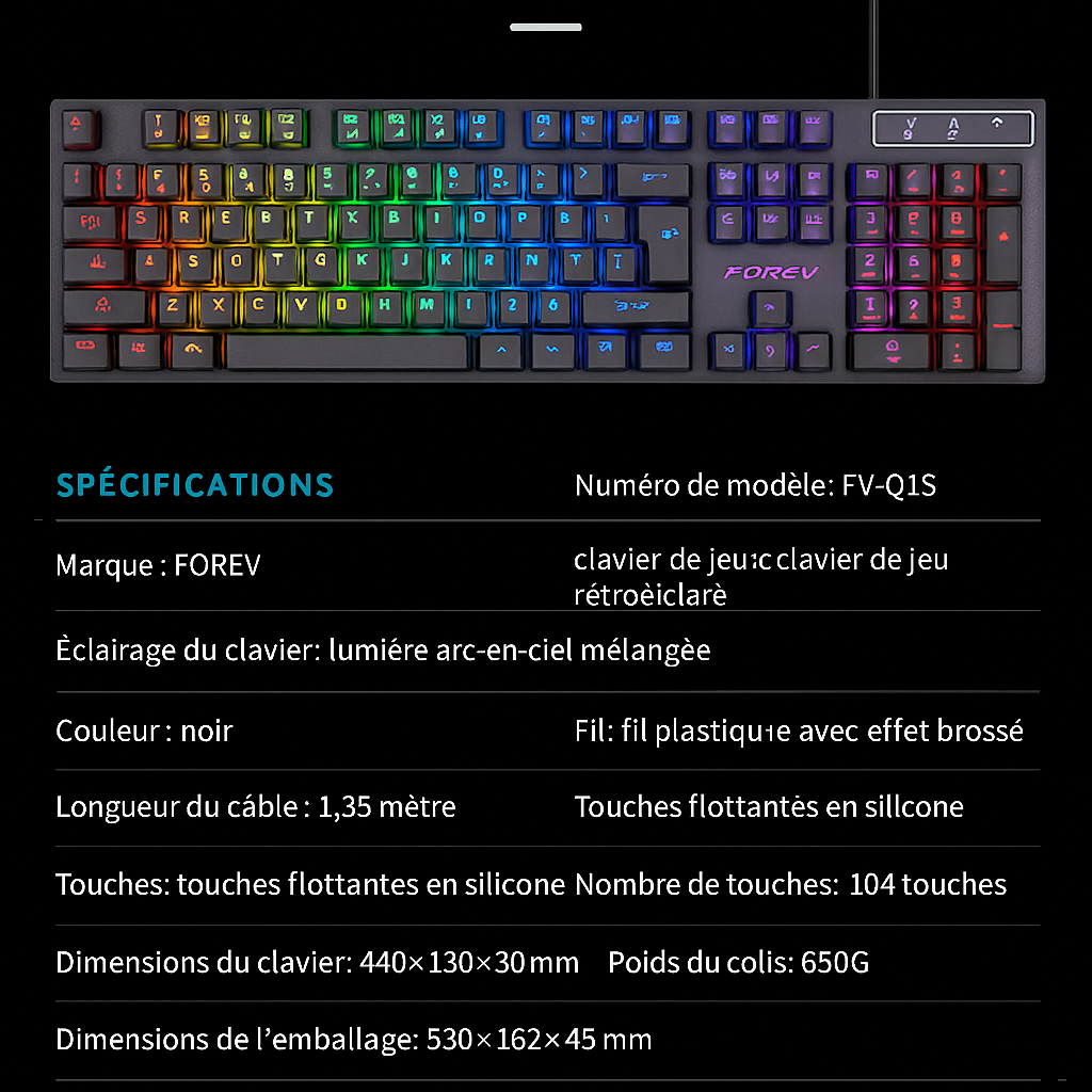 Clavier portable 104 touches rétro-éclairé pour souris de jeu