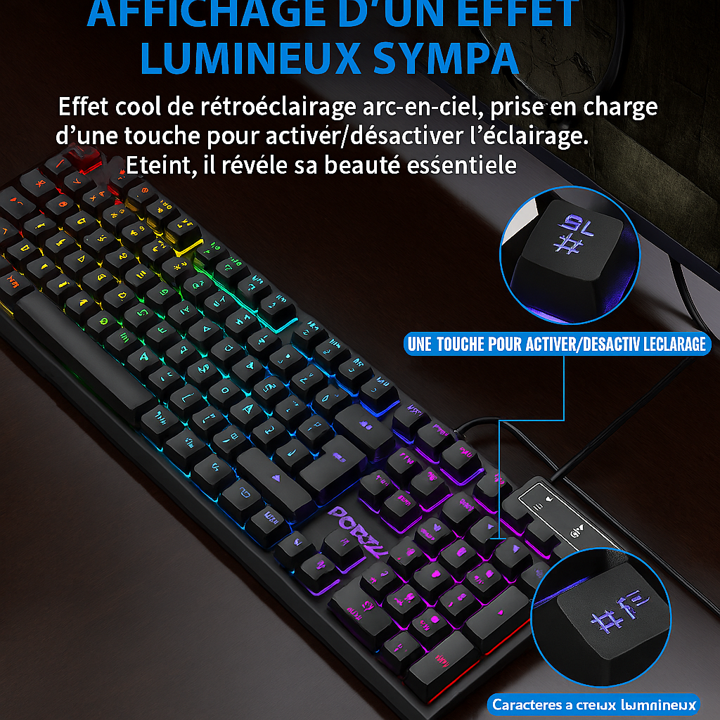 Clavier portable 104 touches rétro-éclairé pour souris de jeu