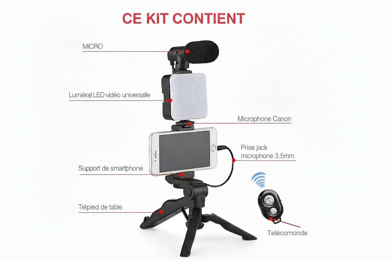 Kit de vlogging pour Smartphone avec trépied, support de téléphone, Mini Microphone, lumière de remplissage LED, démarreur pour TikTok, vidéo en direct, YouTube