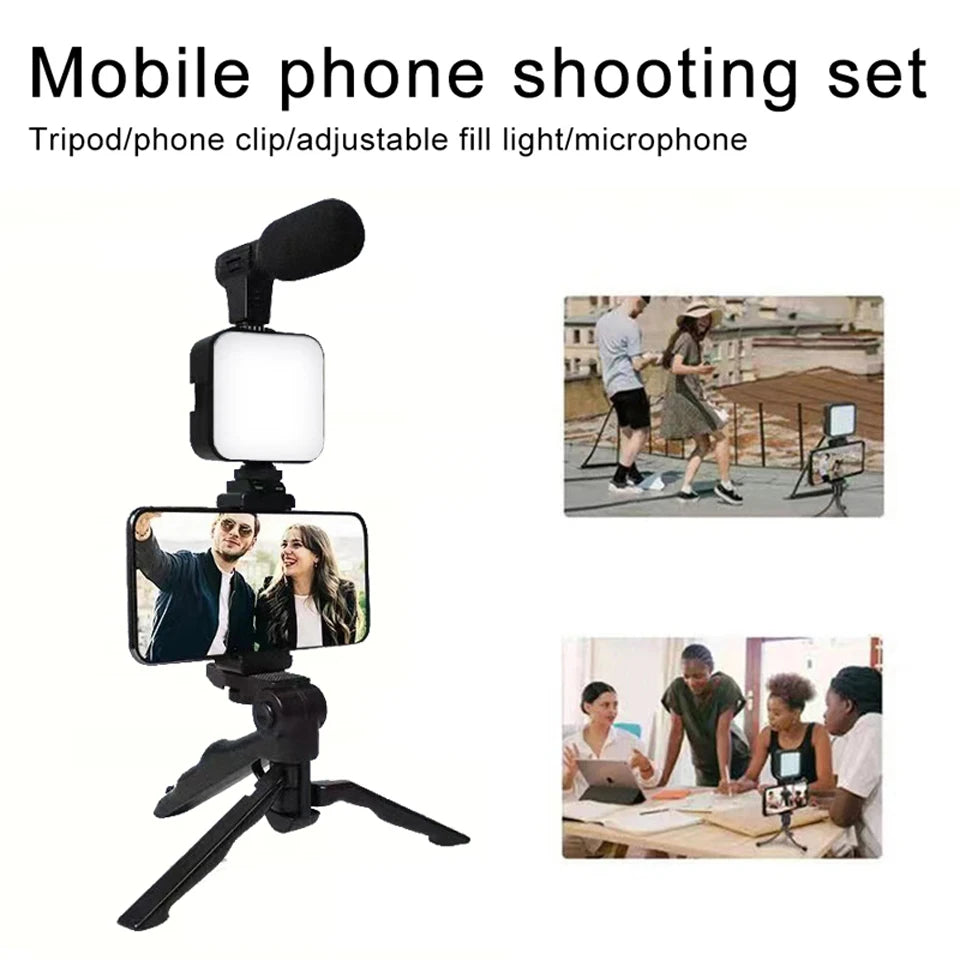 Kit de vlogging pour Smartphone avec trépied, support de téléphone, Mini Microphone, lumière de remplissage LED, démarreur pour TikTok, vidéo en direct, YouTube
