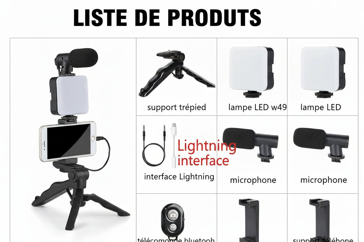 Kit de vlogging pour Smartphone avec trépied, support de téléphone, Mini Microphone, lumière de remplissage LED, démarreur pour TikTok, vidéo en direct, YouTube