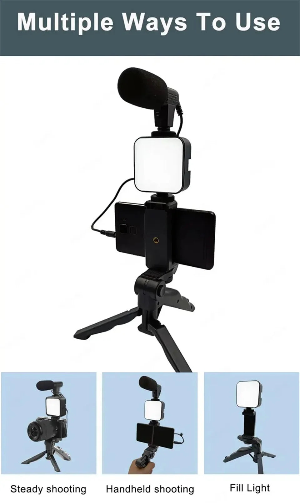 Kit de vlogging pour Smartphone avec trépied, support de téléphone, Mini Microphone, lumière de remplissage LED, démarreur pour TikTok, vidéo en direct, YouTube