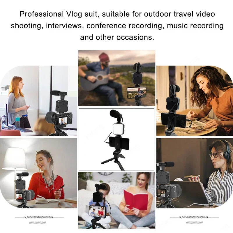 Kit de vlogging pour Smartphone avec trépied, support de téléphone, Mini Microphone, lumière de remplissage LED, démarreur pour TikTok, vidéo en direct, YouTube