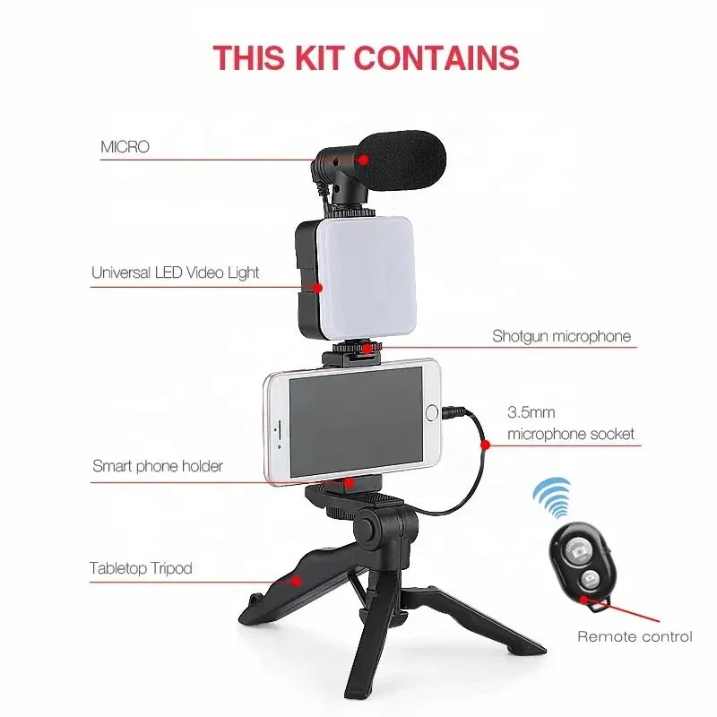 Kit de vlogging pour Smartphone avec trépied, support de téléphone, Mini Microphone, lumière de remplissage LED, démarreur pour TikTok, vidéo en direct, YouTube