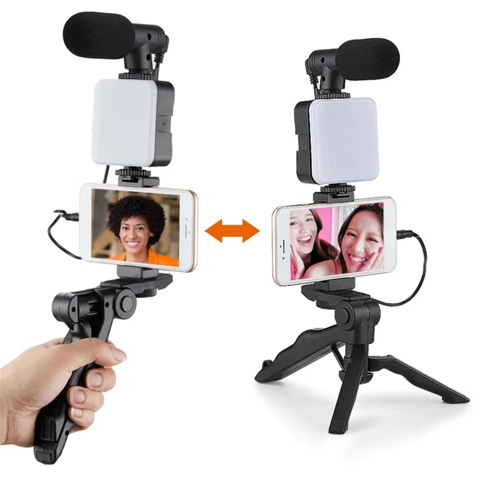 Kit de vlogging pour Smartphone avec trépied, support de téléphone, Mini Microphone, lumière de remplissage LED, démarreur pour TikTok, vidéo en direct, YouTube