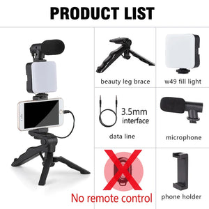 Kit de vlogging pour Smartphone avec trépied, support de téléphone, Mini Microphone, lumière de remplissage LED, démarreur pour TikTok, vidéo en direct, YouTube