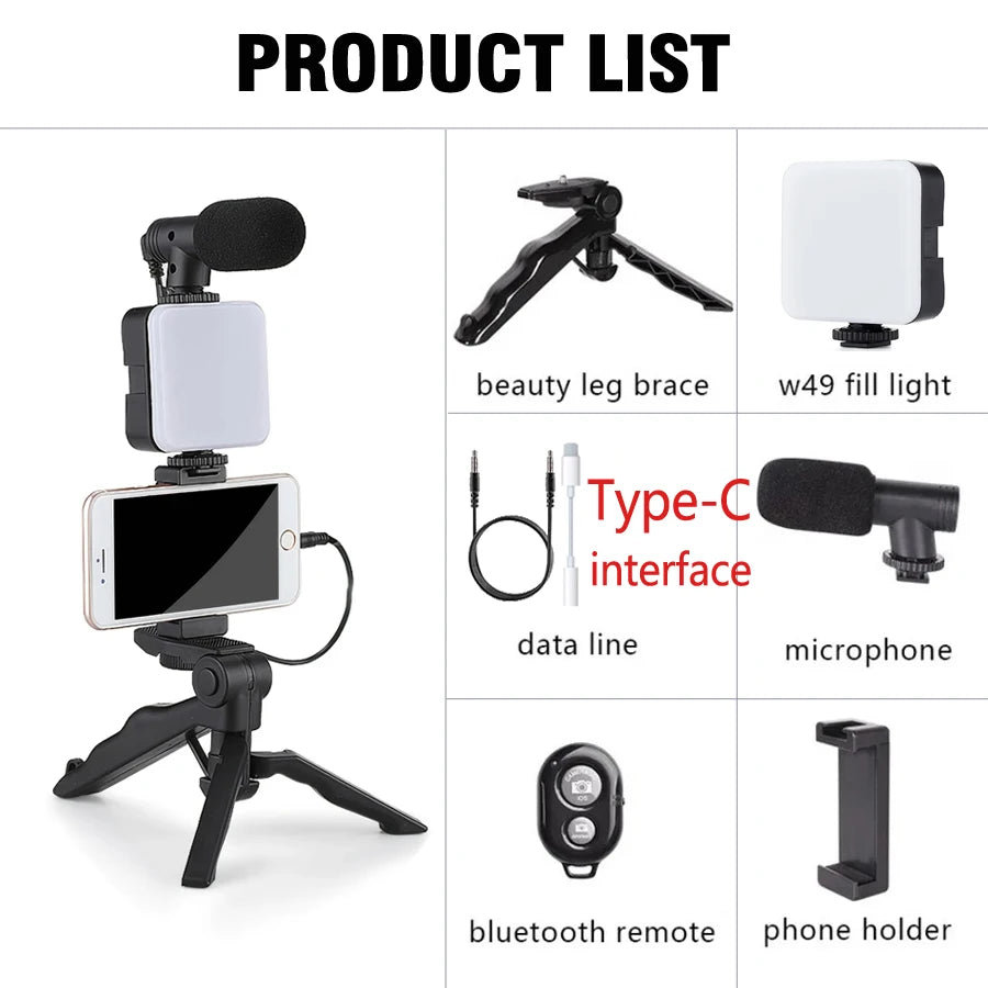 Kit de vlogging pour Smartphone avec trépied, support de téléphone, Mini Microphone, lumière de remplissage LED, démarreur pour TikTok, vidéo en direct, YouTube