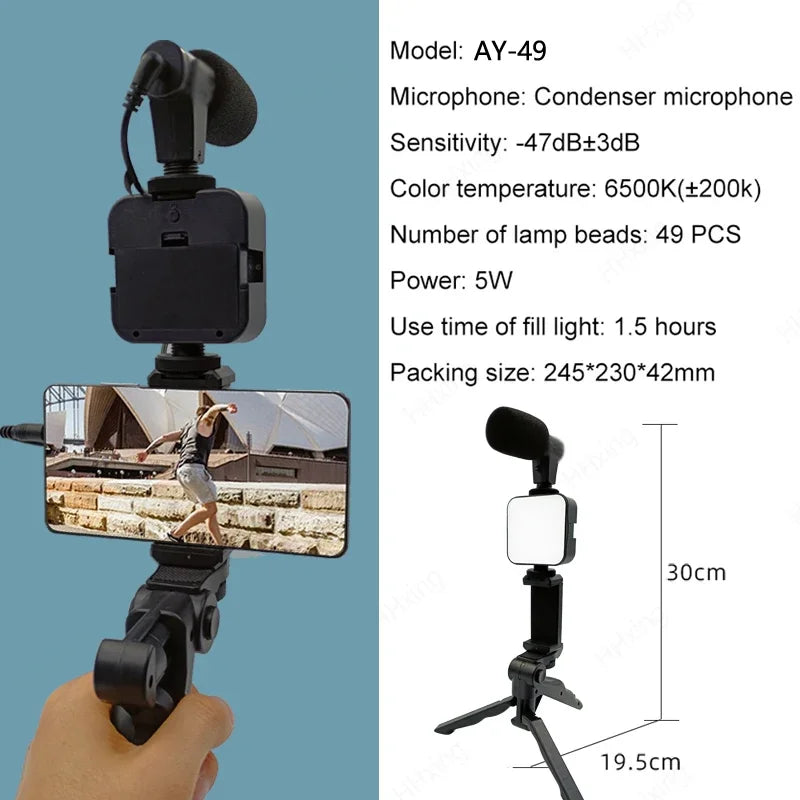 Kit de vlogging pour Smartphone avec trépied, support de téléphone, Mini Microphone, lumière de remplissage LED, démarreur pour TikTok, vidéo en direct, YouTube