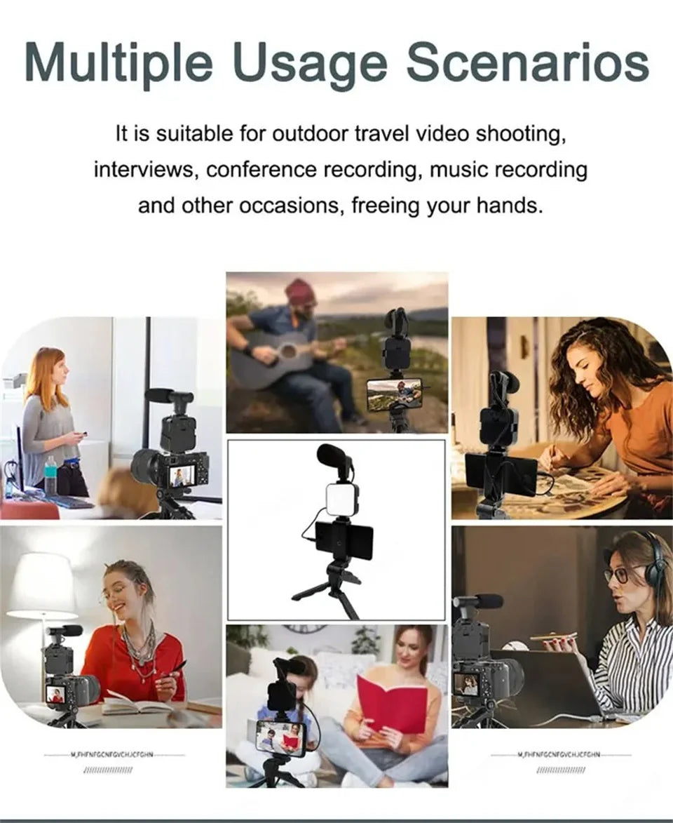 Kit de vlogging pour Smartphone avec trépied, support de téléphone, Mini Microphone, lumière de remplissage LED, démarreur pour TikTok, vidéo en direct, YouTube
