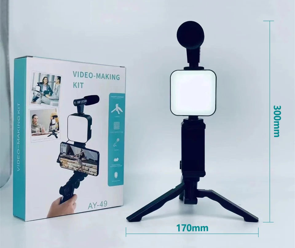 Kit de vlogging pour Smartphone avec trépied, support de téléphone, Mini Microphone, lumière de remplissage LED, démarreur pour TikTok, vidéo en direct, YouTube
