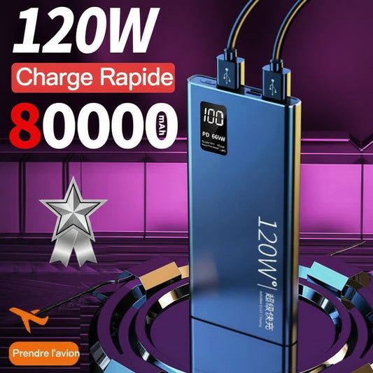 Batterie externe 80000mAh 120W, charge Super rapide, capacité suffisante 100%, chargeur de batterie Portable, affichage numérique pour iPhone Xiaomi