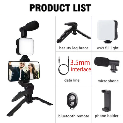Kit de vlogging pour Smartphone avec trépied, support de téléphone, Mini Microphone, lumière de remplissage LED, démarreur pour TikTok, vidéo en direct, YouTube